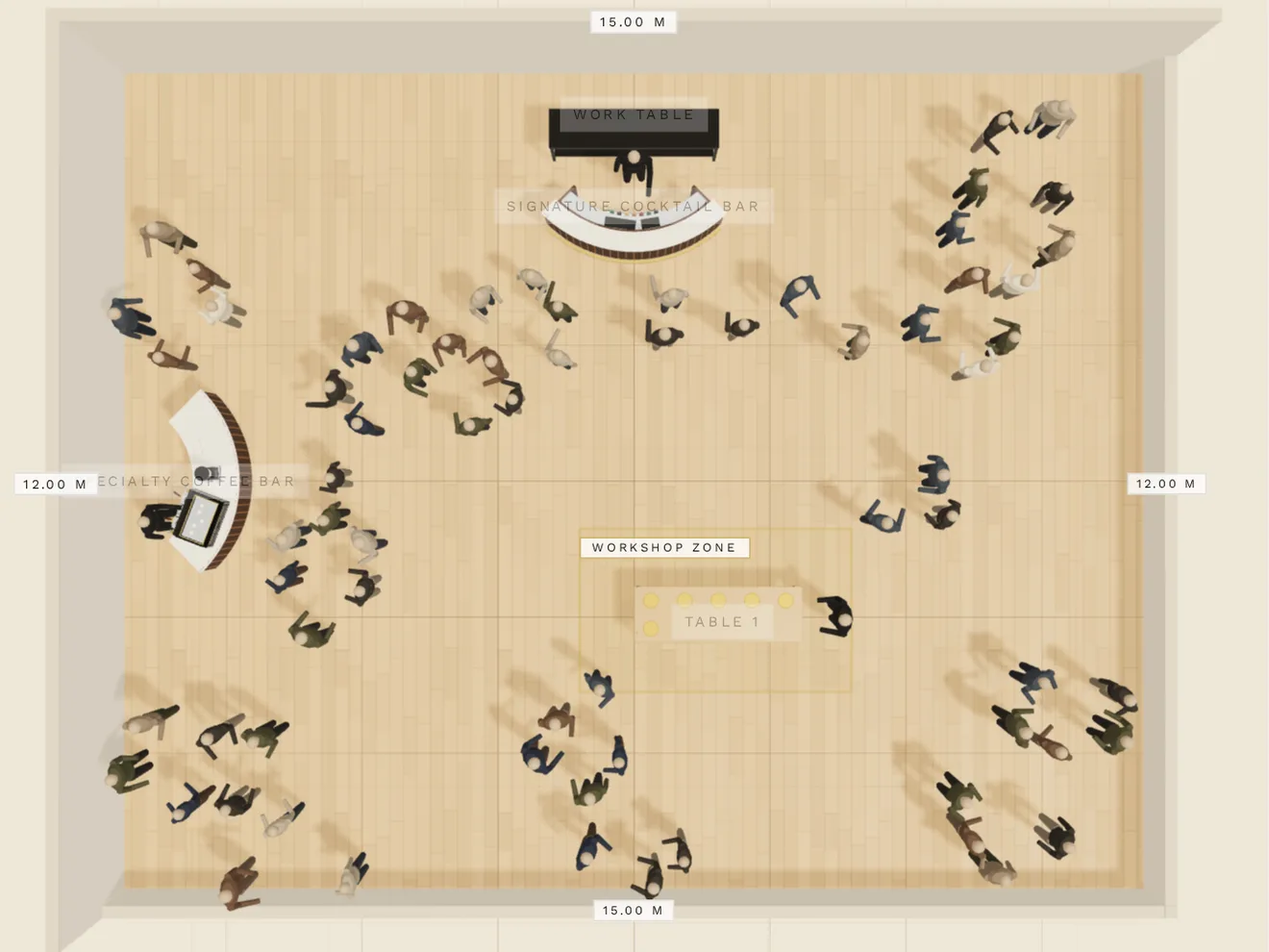 Top view of the same Axis event layout showing service positions and guest flow.